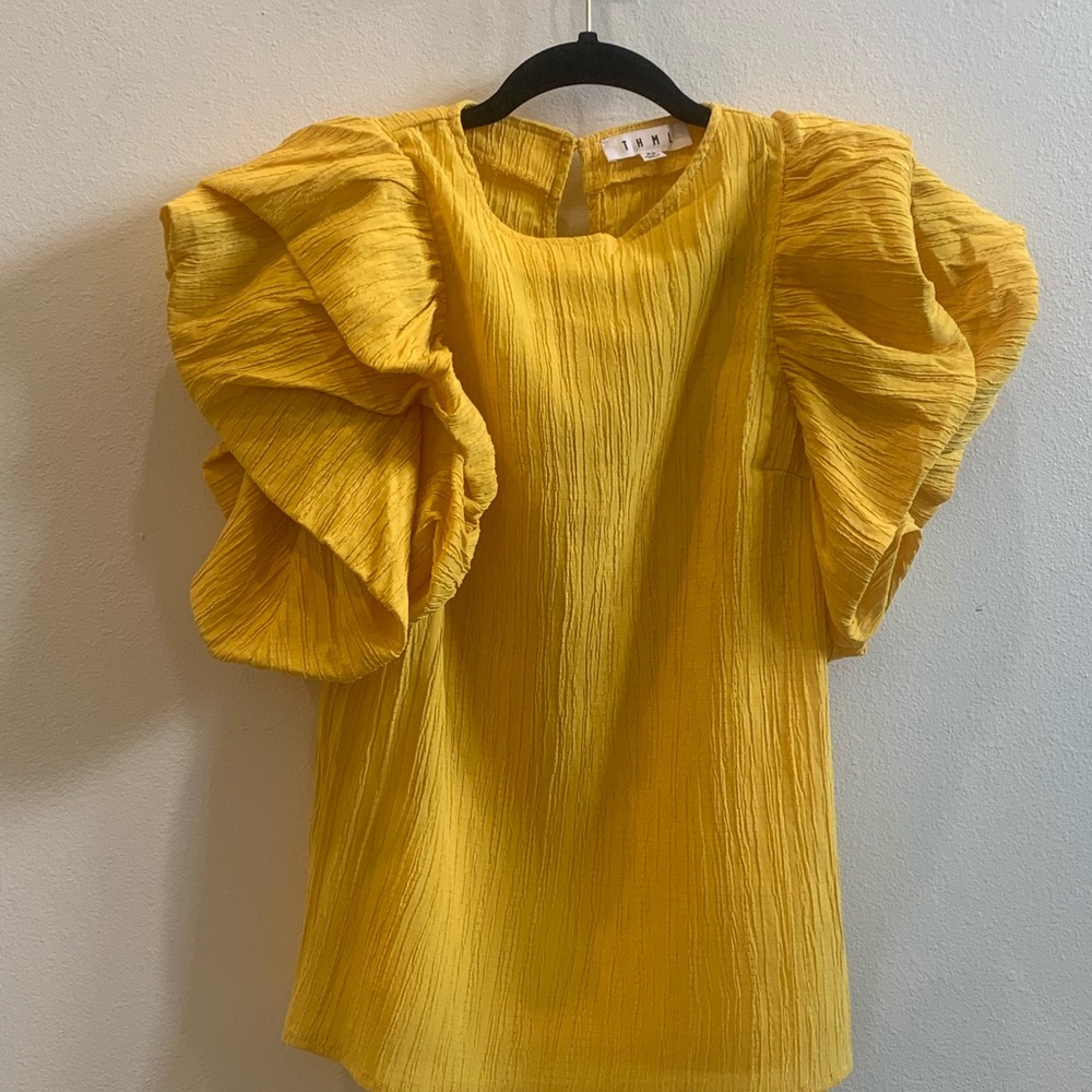 THML Yellow Pleated Ruffled Blouse with Mandarin Collar